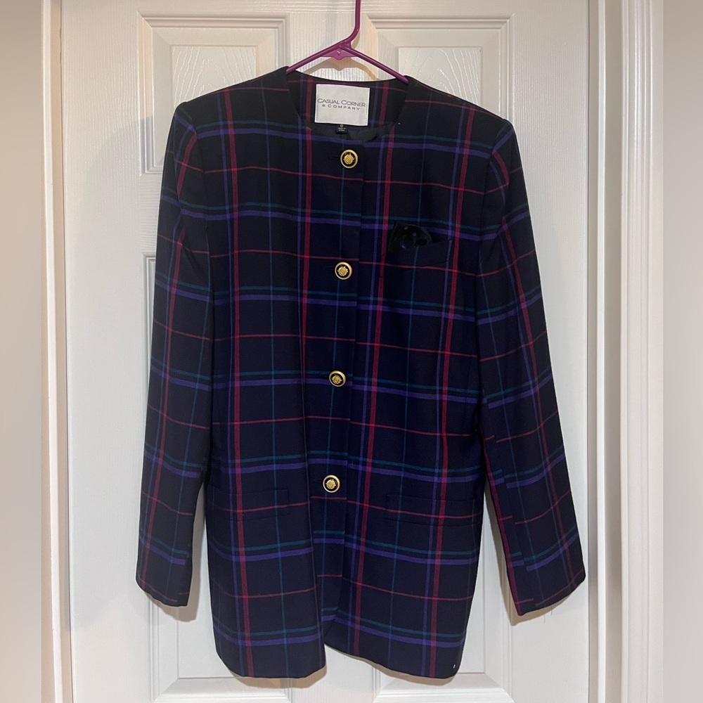 Plaid Button Up Jacket Blazer With Handkerchief
